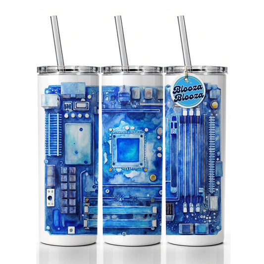 Blue Computer Motherboard Watercolor Skinny Tumbler 20oz with Straw Insulated Water Bottle Gift