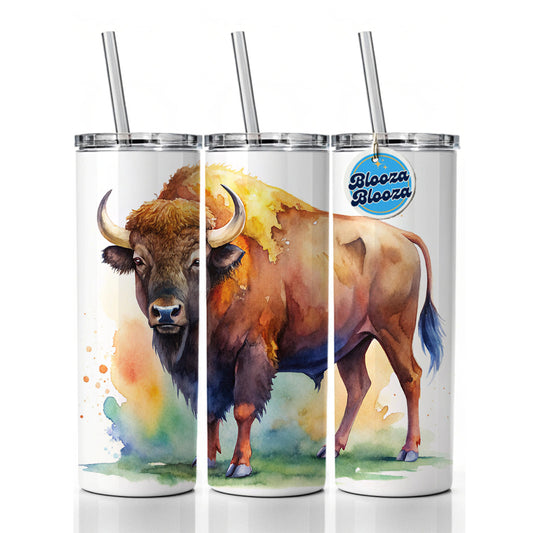 Buffalo Bison Watercolor Skinny Tumbler 20oz with Straw Insulated Water Bottle Gift
