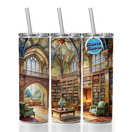 Castle Library Books Reading Watercolor Skinny Tumbler 20oz with Straw Insulated Water Bottle Gift
