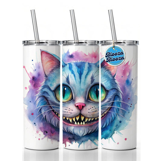 Cheshire Cat Alice in Wonderland Watercolor Skinny Tumbler 20oz with Straw Insulated Water Bottle Gift