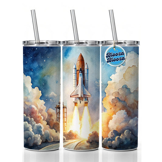 Classic Space Shuttle Launch Watercolor Skinny Tumbler 20oz with Straw Insulated Water Bottle Gift