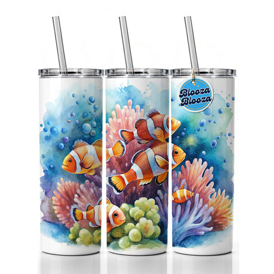 Clown Fish Swimming Around Coral Watercolor Skinny Tumbler 20oz with Straw Insulated Water Bottle Gift