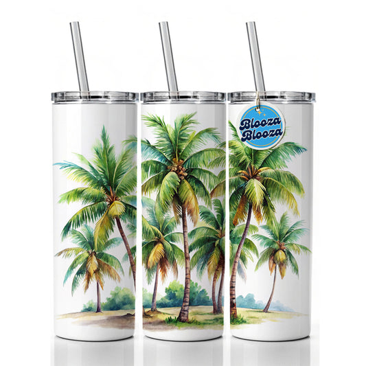 Coconut Trees Tropical Beach Watercolor Skinny Tumbler 20oz with Straw Insulated Water Bottle Gift