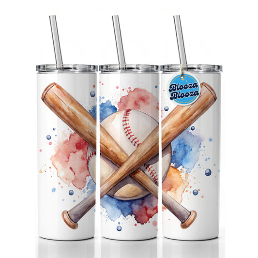 Crossed Baseball Bats And Balls Watercolor Skinny Tumbler 20oz with Straw Insulated Water Bottle Gift