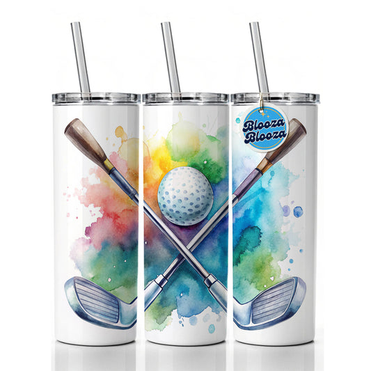 Crossed Golf Clubs And Ball Watercolor Skinny Tumbler 20oz with Straw Insulated Water Bottle Gift