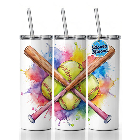 Crossed Softball Bats And Balls Watercolor Skinny Tumbler 20oz with Straw Insulated Water Bottle Gift
