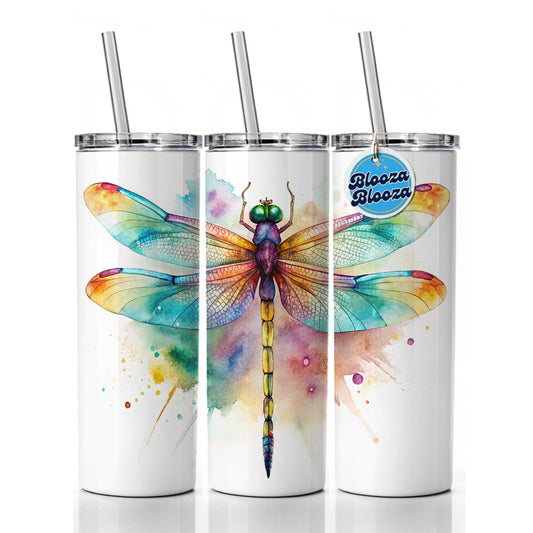 Dragonfly Colorful Background Watercolor Skinny Tumbler 20oz with Straw Insulated Water Bottle Gift