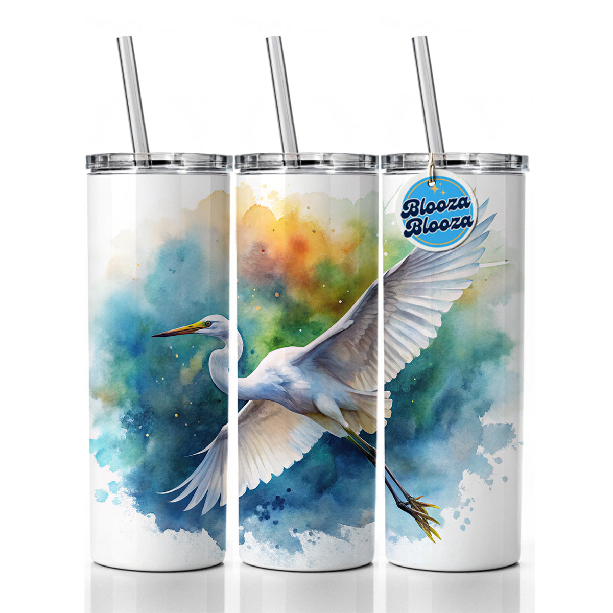 Egret In Flight Watercolor Skinny Tumbler 20oz with Straw Insulated Water Bottle Gift
