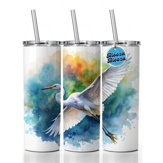 Egret In Flight Watercolor Skinny Tumbler 20oz with Straw Insulated Water Bottle Gift