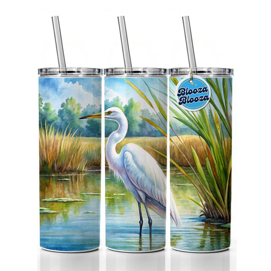 Egret Standing In Marshes Watercolor Skinny Tumbler 20oz with Straw Insulated Water Bottle Gift