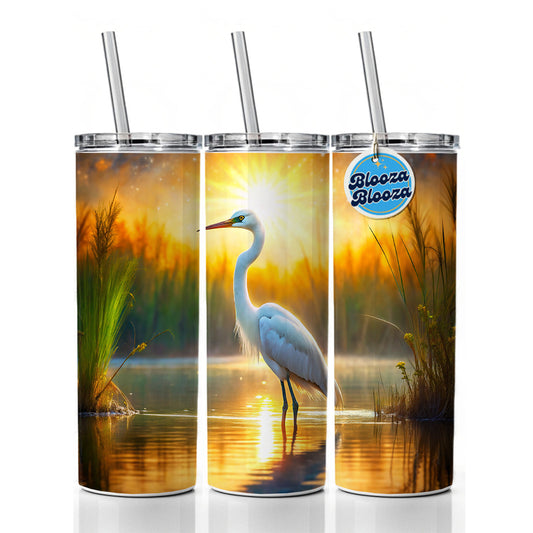 Egret Standing In Pond Backlit By The Sun Watercolor Skinny Tumbler 20oz with Straw Insulated Water Bottle Gift