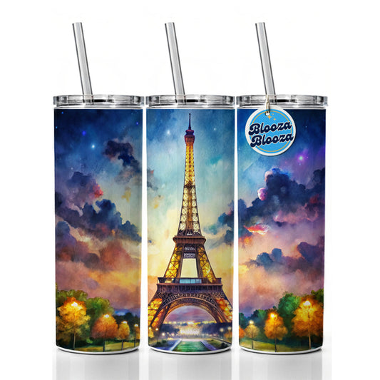 Eiffel Tower At Night Watercolor Skinny Tumbler 20oz with Straw Insulated Water Bottle Gift