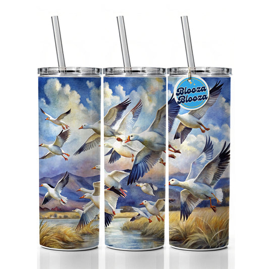Flock Of Snow Geese In Flight Watercolor Skinny Tumbler 20oz with Straw Insulated Water Bottle Gift