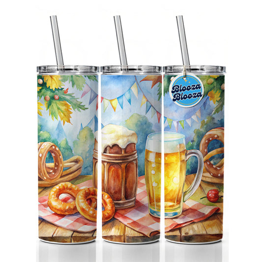 German Oktoberfest Beer Pretzel Watercolor Skinny Tumbler 20oz with Straw Insulated Water Bottle Gift