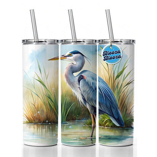 Great Blue Heron Standing In Marsh Pond Watercolor Skinny Tumbler 20oz with Straw Insulated Water Bottle Gift