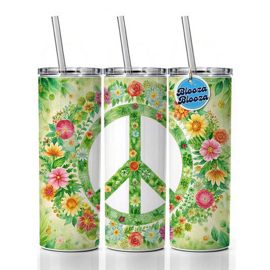Green Peace Symbol Hippie Floral Watercolor Skinny Tumbler 20oz with Straw Insulated Water Bottle Gift