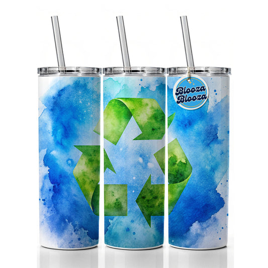Green Recycle Symbol On A Blue Background Watercolor Skinny Tumbler 20oz with Straw Insulated Water Bottle Gift