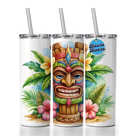 Hawaiian Tiki Statue Watercolor Skinny Tumbler 20oz with Straw Insulated Water Bottle Gift