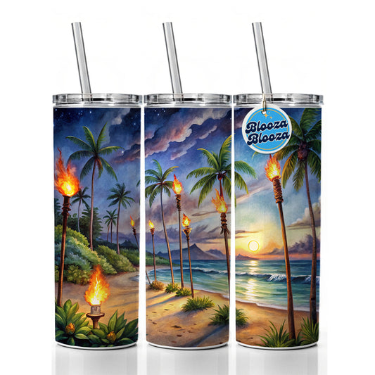 Hawaiian Tropical Beach Scene At Night Lit With Tiki Torches Skinny Tumbler 20oz with Straw Insulated Water Bottle Gift