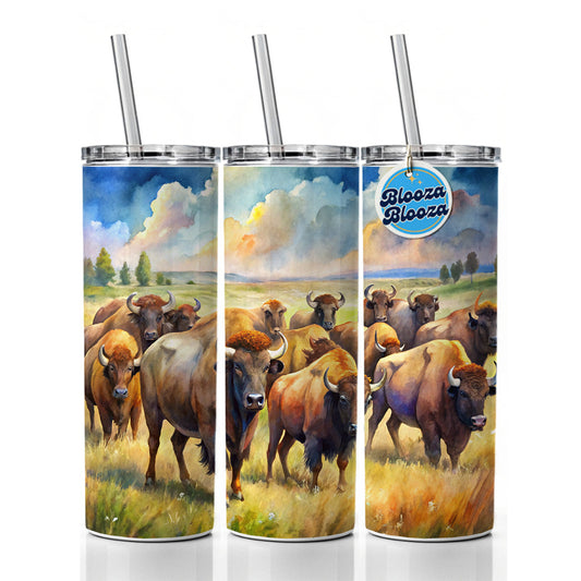 Herd Of Buffalo Bison On The Prairie Watercolor Skinny Tumbler 20oz with Straw Insulated Water Bottle Gift