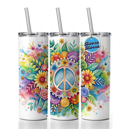 Hippie Peace Symbol Watercolor Skinny Tumbler 20oz with Straw Insulated Water Bottle Gift