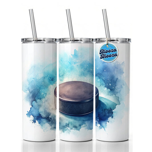 Hockey Puck On Ice Watercolor Skinny Tumbler 20oz with Straw Insulated Water Bottle Gift