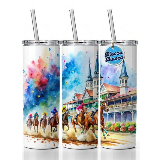 Horse Racing Derby Watercolor Skinny Tumbler 20oz with Straw Insulated Water Bottle Gift