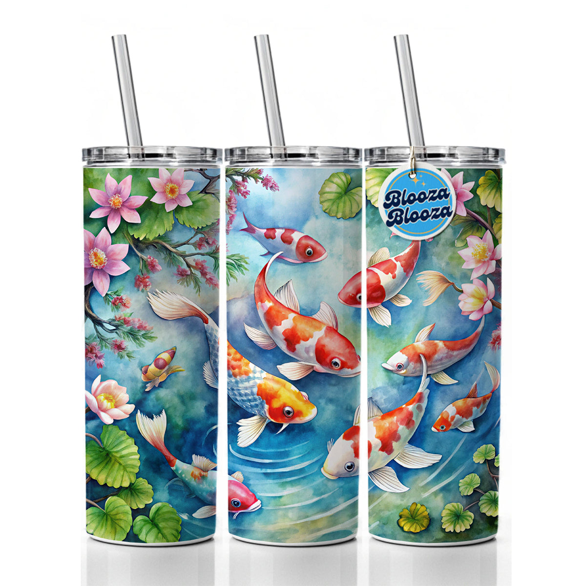 Japanese Koi Pond Scene Watercolor Skinny Tumbler 20oz with Straw Insulated Water Bottle Gift