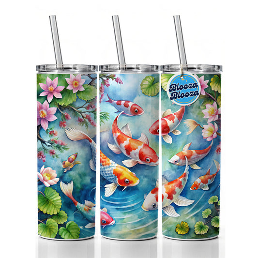 Japanese Koi Pond Scene Watercolor Skinny Tumbler 20oz with Straw Insulated Water Bottle Gift