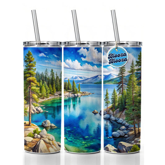 Lake Tahoe California Watercolor Skinny Tumbler 20oz with Straw Insulated Water Bottle Gift