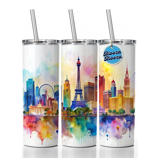 Las Vegas Nevada Watercolor Skinny Tumbler 20oz with Straw Insulated Water Bottle Gift
