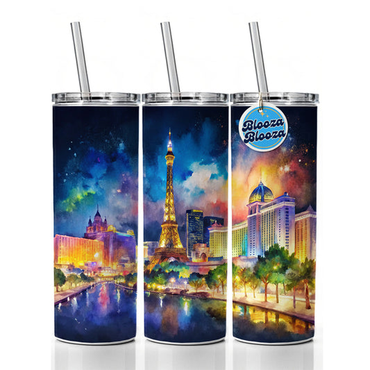 Las Vegas Strip At Night Watercolor Skinny Tumbler 20oz with Straw Insulated Water Bottle Gift