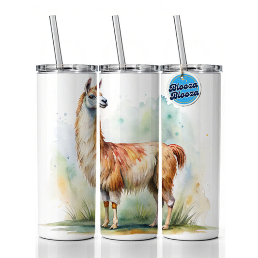 Llama Standing Watercolor Skinny Tumbler 20oz with Straw Insulated Water Bottle Gift