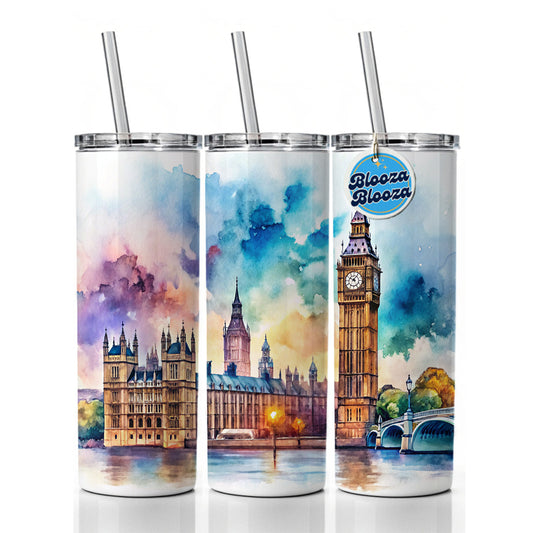 London Big Ben Scene Watercolor Skinny Tumbler 20oz with Straw Insulated Water Bottle Gift