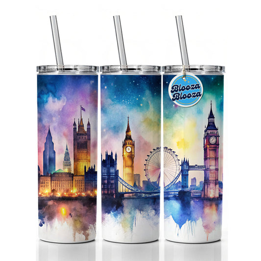 London Skyline At Night Scene Watercolor Skinny Tumbler 20oz with Straw Insulated Water Bottle Gift