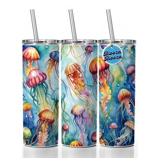 Lots Of Jellyfish Underwater Watercolor Skinny Tumbler 20oz with Straw Insulated Water Bottle Gift