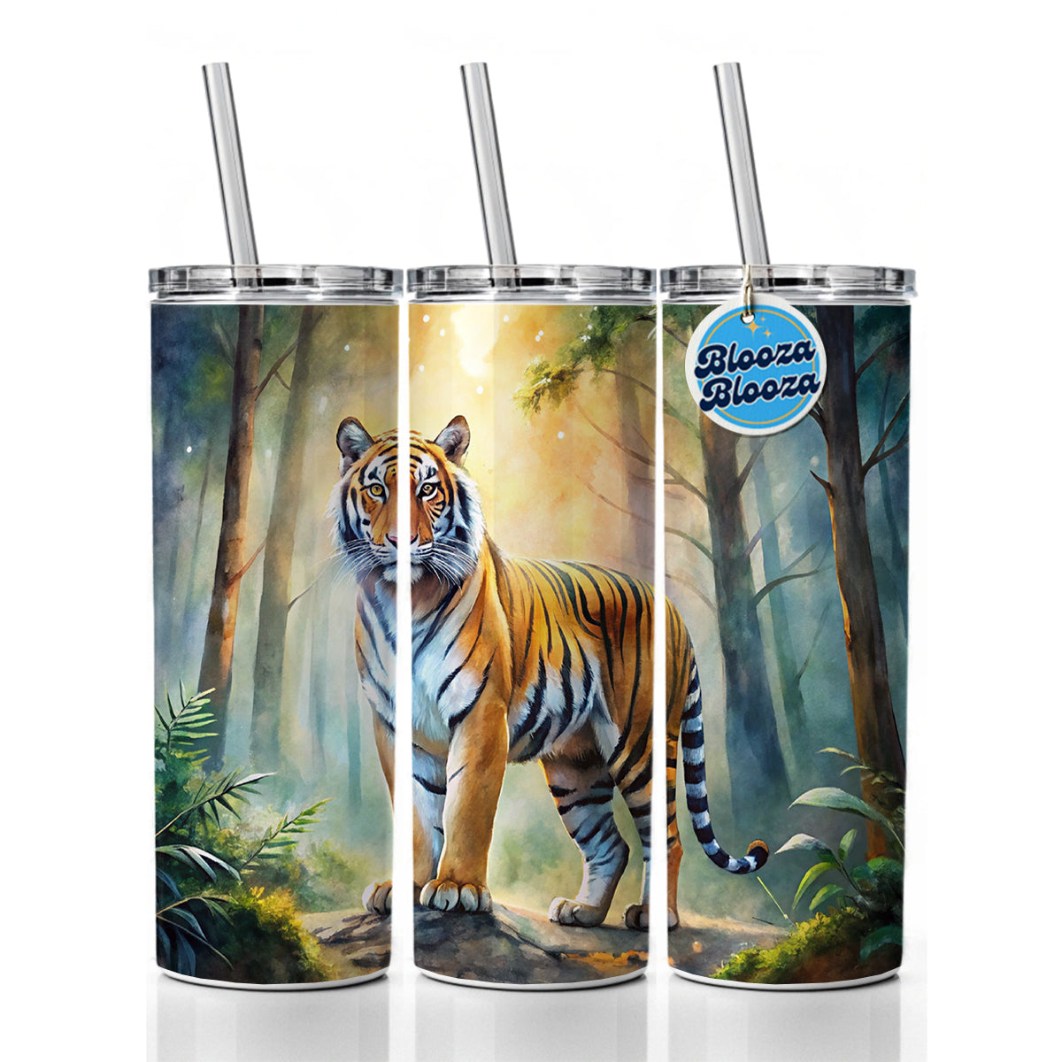 Majestic Tiger Standing In Forest Watercolor Skinny Tumbler 20oz with Straw Insulated Water Bottle Gift