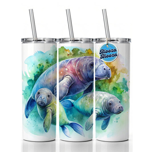 Manatees Family Watercolor Skinny Tumbler 20oz with Straw Insulated Water Bottle Gift