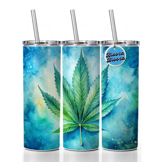 Marijuana Leaf on Blue Background Watercolor Skinny Tumbler 20oz with Straw Insulated Water Bottle Gift