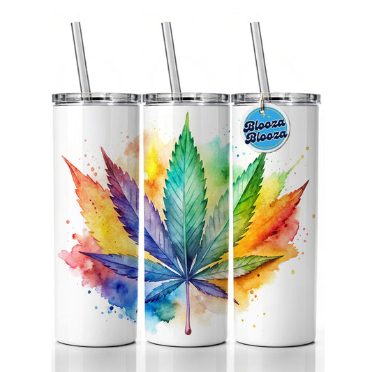 Marijuana Leaf Rainbow Watercolor Skinny Tumbler 20oz with Straw Insulated Water Bottle Gift