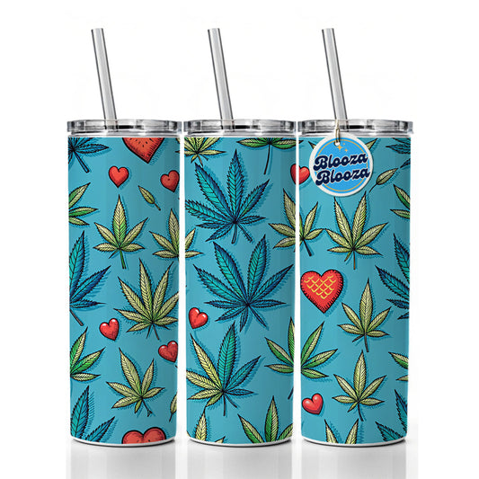 Marijuana Leaves And Hearts Blue Background Skinny Tumbler 20oz with Straw Insulated Water Bottle Gift