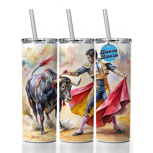 Matador And Bull Fighting In Ring Watercolor Skinny Tumbler 20oz with Straw Insulated Water Bottle Gift