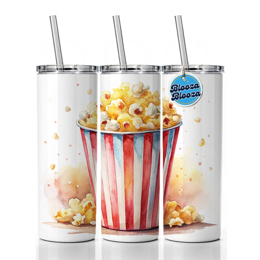 Movie Theater Popcorn Bucket Watercolor Skinny Tumbler 20oz with Straw Insulated Water Bottle Gift