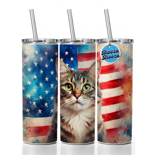 Patriotic Cat Watercolor American Flag Background Skinny Tumbler 20oz with Straw Insulated Water Bottle Gift