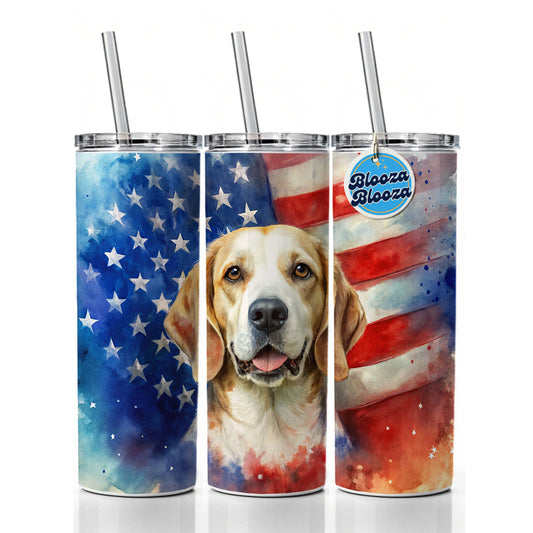 Patriotic Dog Watercolor American Flag Background Skinny Tumbler 20oz with Straw Insulated Water Bottle Gift