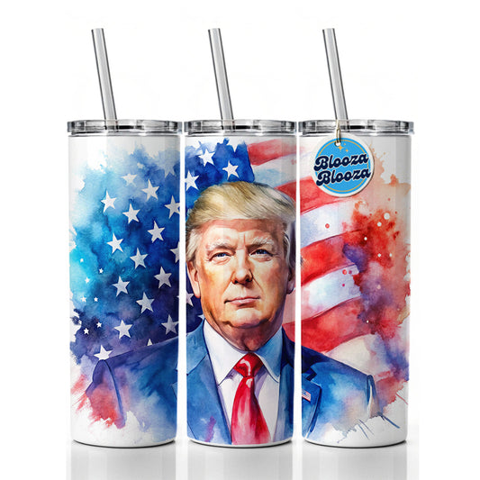 Patriotic Donald Trump American Flag Background Watercolor Skinny Tumbler 20oz with Straw Insulated Water Bottle Gift
