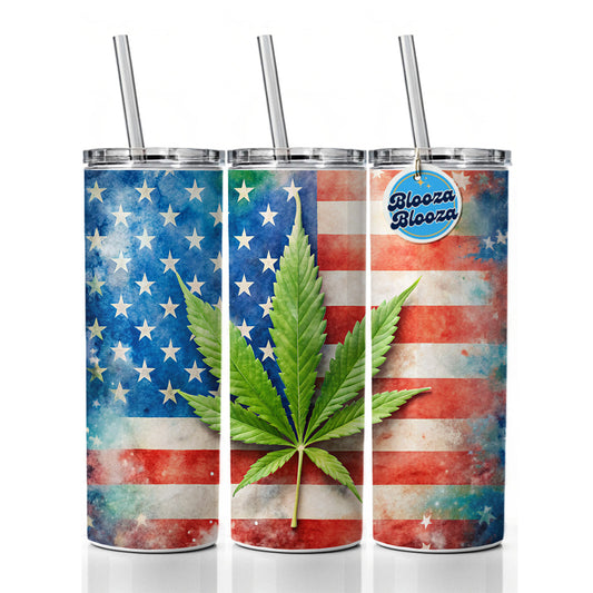 Patriotic Marijuana Leaf on American Flag Background Skinny Tumbler 20oz with Straw Insulated Water Bottle Gift