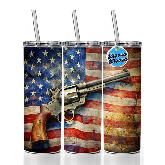 Patriotic Western Revolver With American Flag 2nd Amendment Watercolor Skinny Tumbler 20oz with Straw Insulated Water Bottle Gift