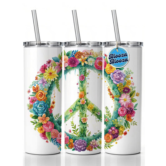 Peace Symbol Floral Watercolor Skinny Tumbler 20oz with Straw Insulated Water Bottle Gift