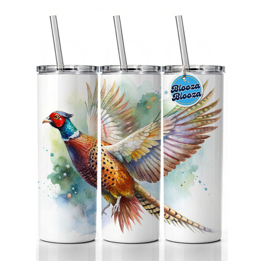 Pheasant In Flight Watercolor Skinny Tumbler 20oz with Straw Insulated Water Bottle Gift